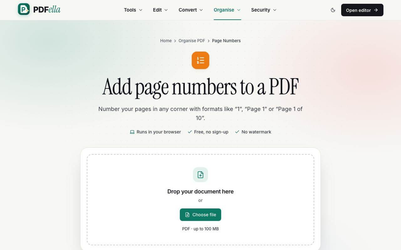 How to add page numbers to a PDF: step 1, upload your pdf in PDFella