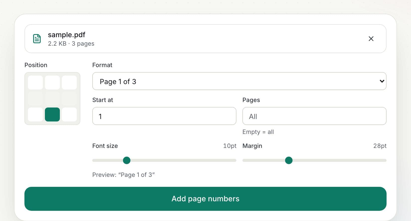 How to add page numbers to a PDF: step 2, choose position and format in PDFella