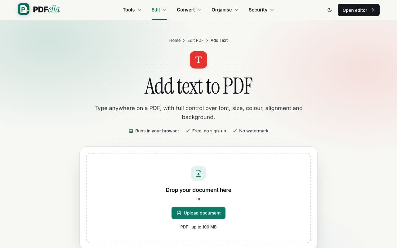 How to add text to a PDF: step 1, upload your pdf in PDFella