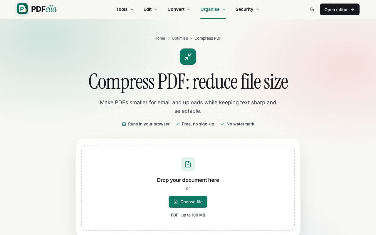 How to compress a PDF: step 1, upload your pdf in PDFella