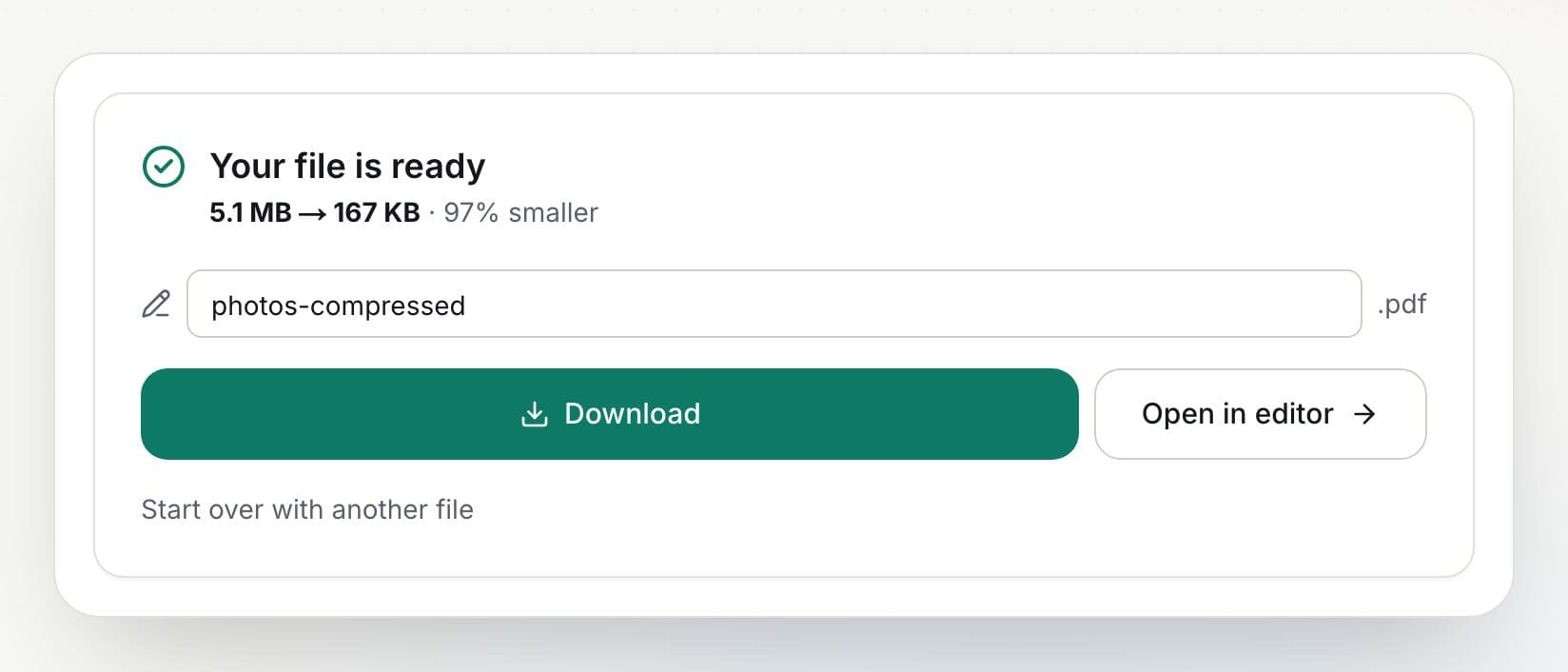 How to compress a PDF: step 4, check the saving and download in PDFella