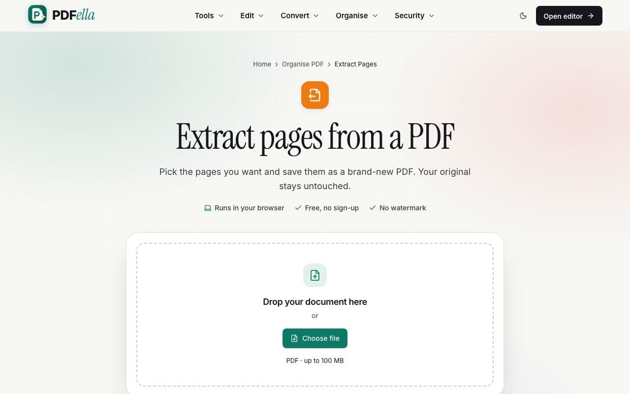 How to extract pages from a PDF: step 1, upload your pdf in PDFella