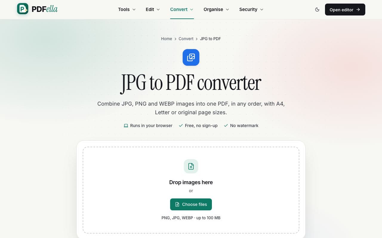 How to convert JPG to PDF: step 1, upload your images in PDFella