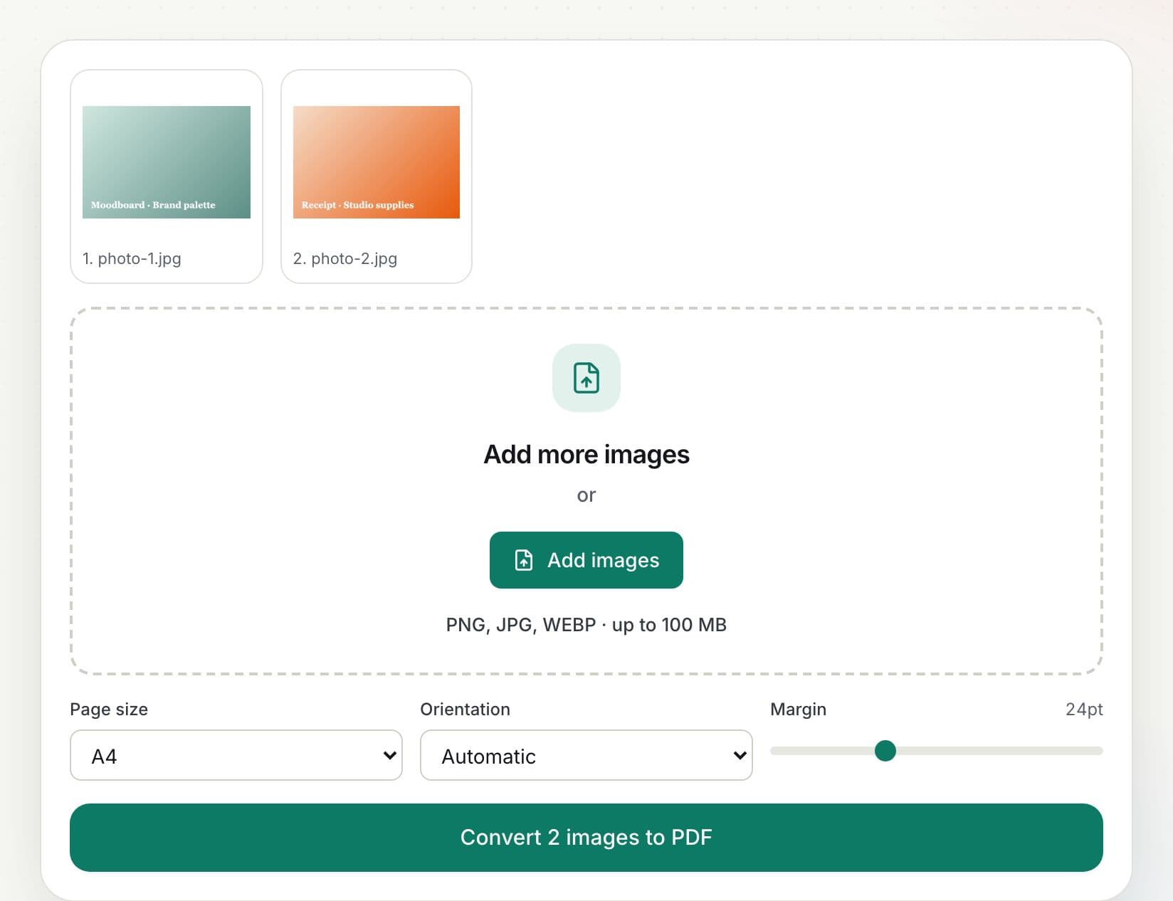 How to convert JPG to PDF: step 2, arrange and set the page size in PDFella