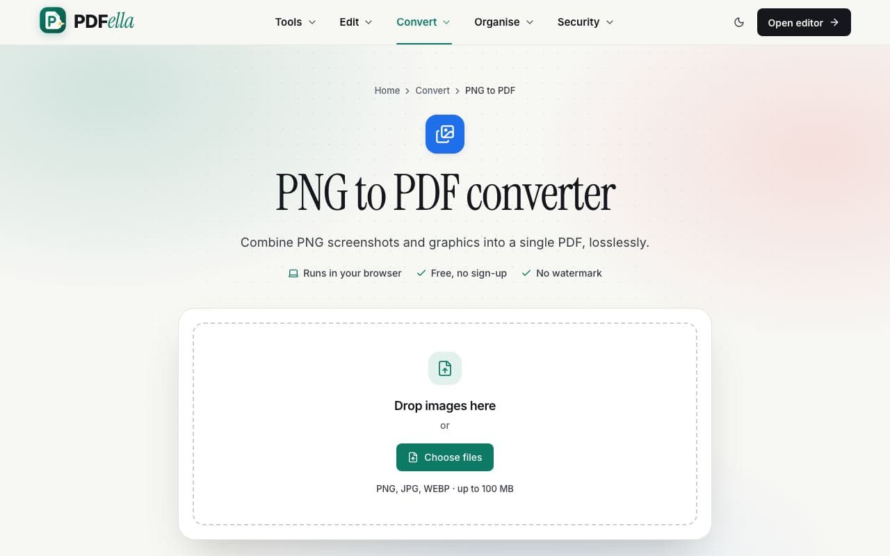 How to convert PNG to PDF: step 1, upload your png images in PDFella