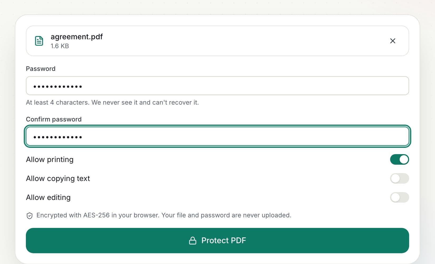How to password protect a PDF: step 2, set a password and permissions in PDFella