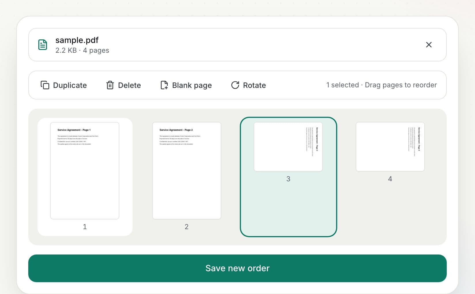 How to rearrange pages in a PDF: step 2, drag pages into order in PDFella