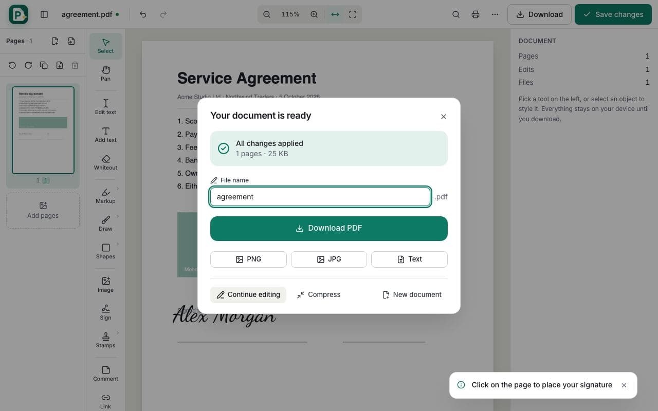 How to sign a PDF online: step 4, download the signed pdf in PDFella