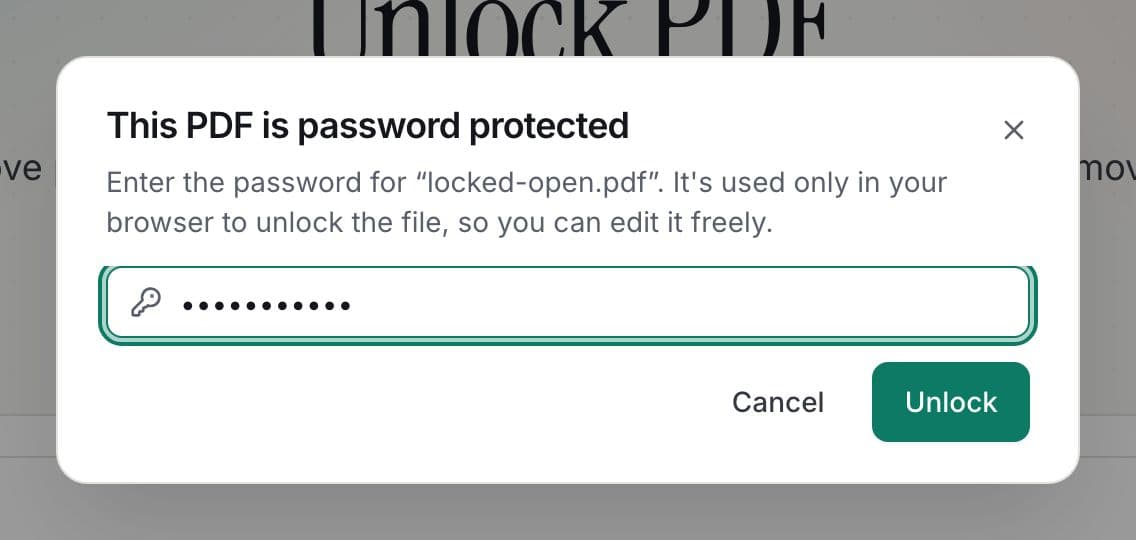 How to unlock a PDF: step 2, enter the password if asked in PDFella
