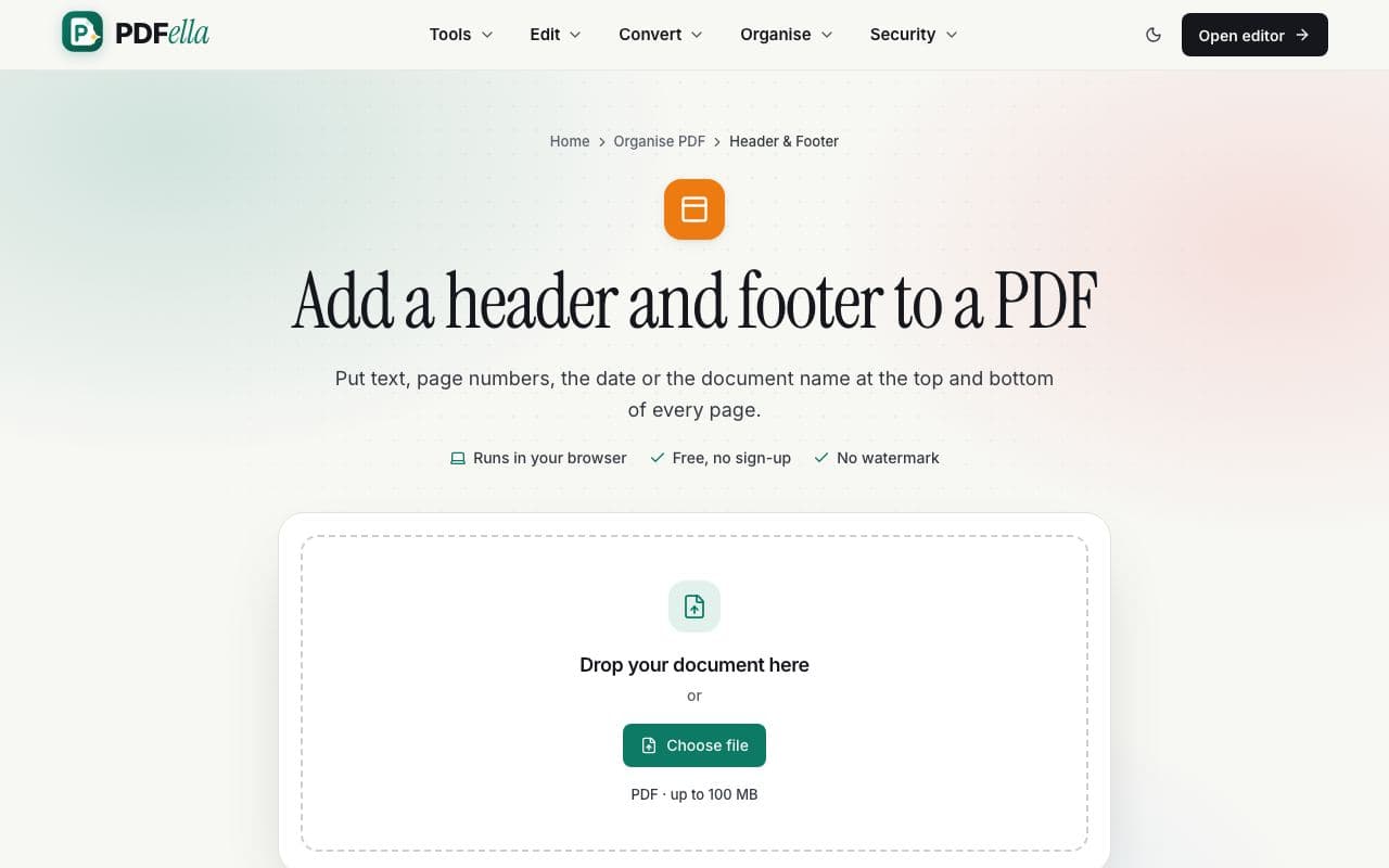 How to add a header and footer to a PDF: step 1, upload your pdf in PDFella
