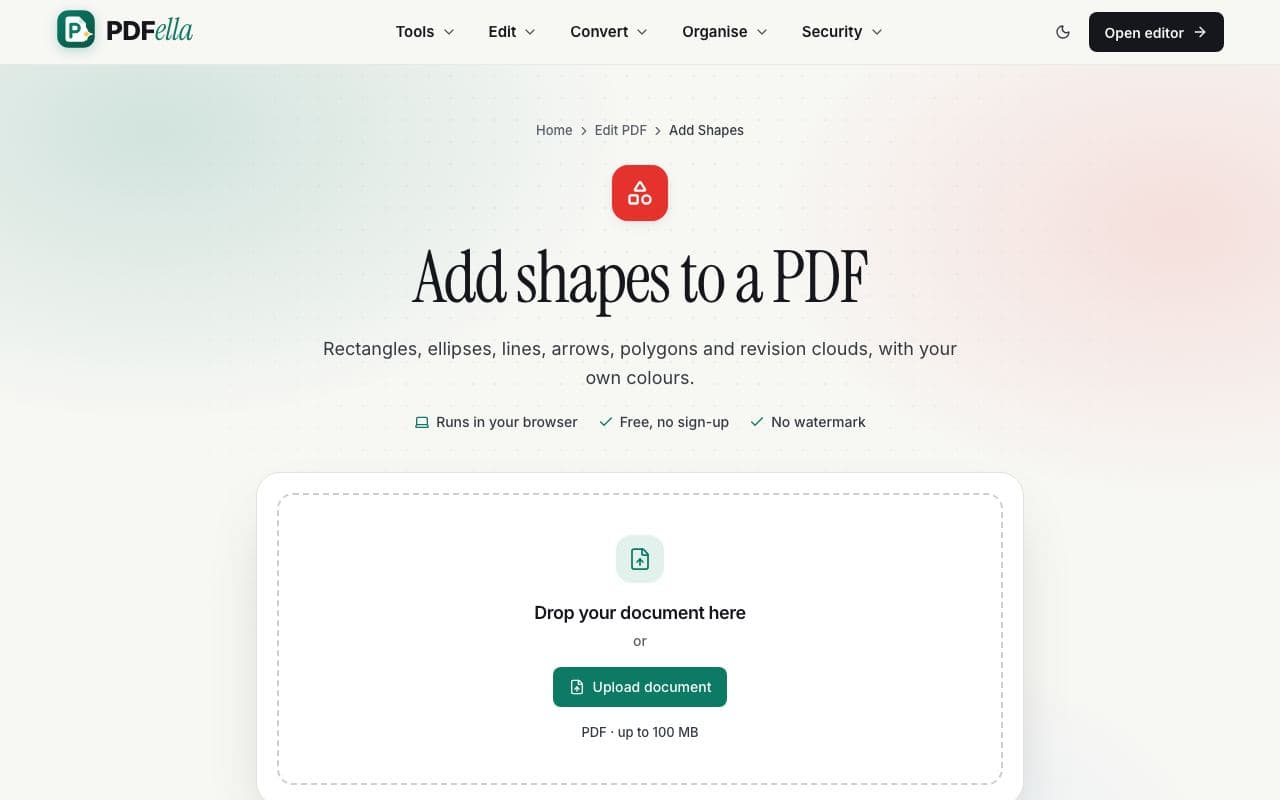 How to add shapes to a PDF: step 1, upload your pdf in PDFella