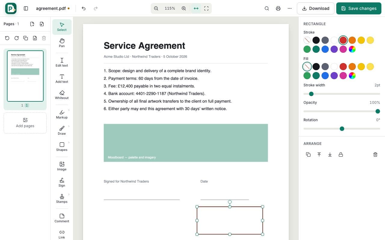 How to add shapes to a PDF: step 2, open shapes and pick one in PDFella