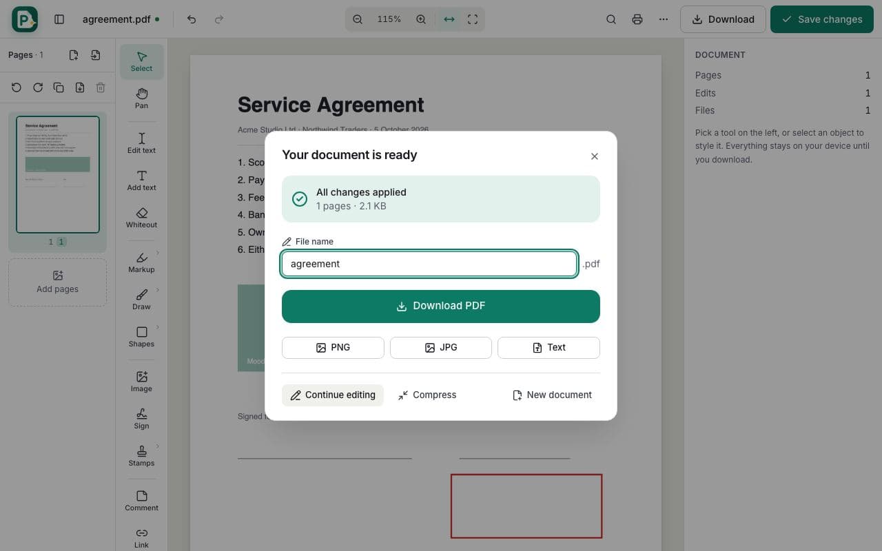 How to add shapes to a PDF: step 4, save and download in PDFella