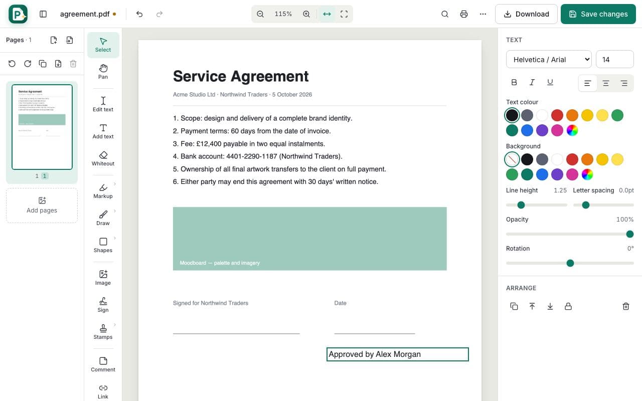 How to add text to a PDF: step 2, choose add text and click on the page in PDFella