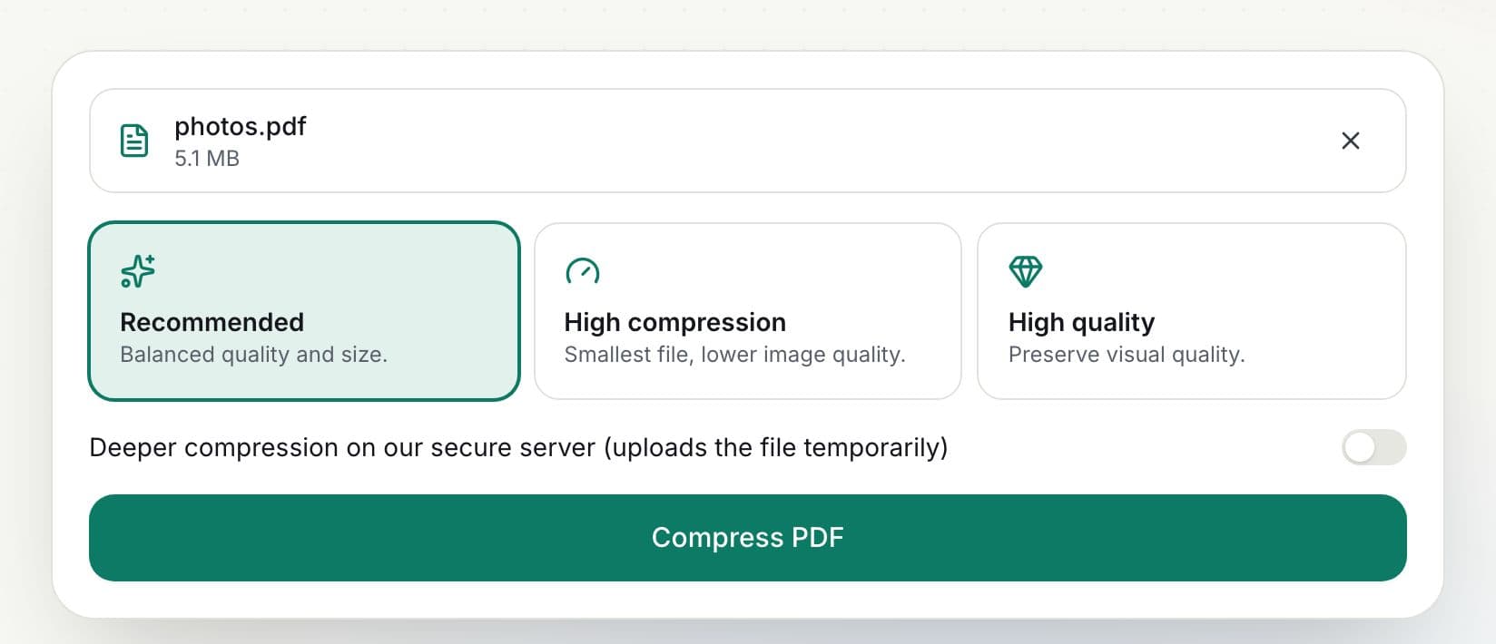 How to compress a PDF: step 2, choose a compression level in PDFella