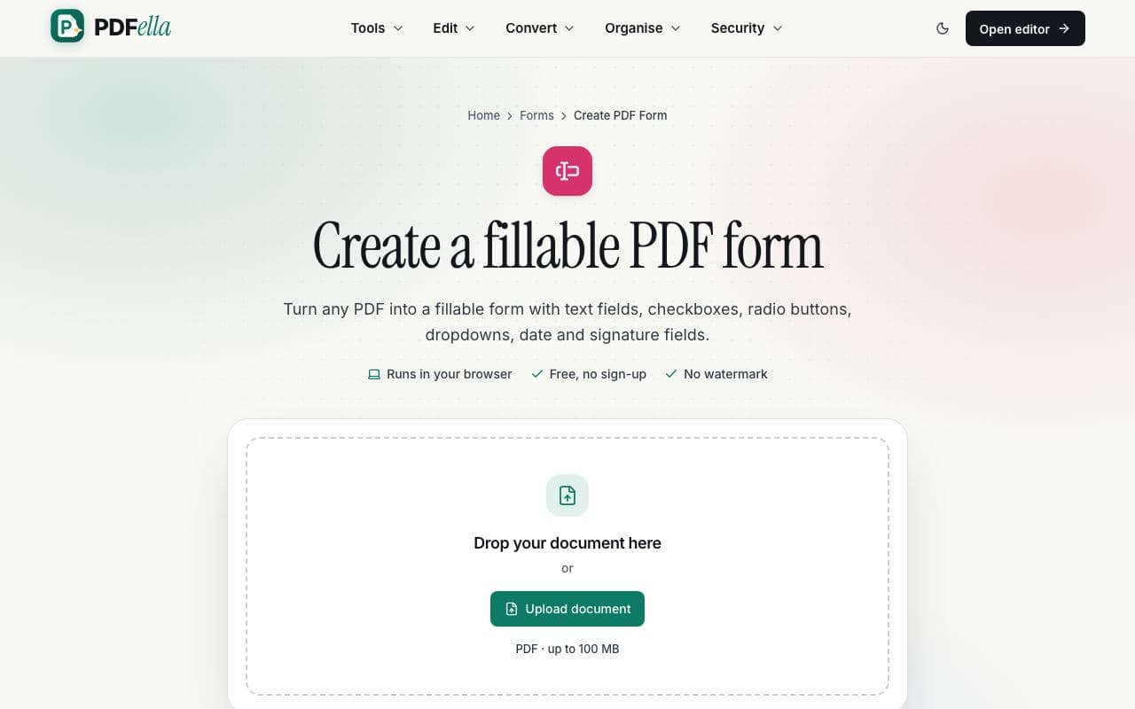 How to create a fillable PDF form: step 1, upload your pdf in PDFella