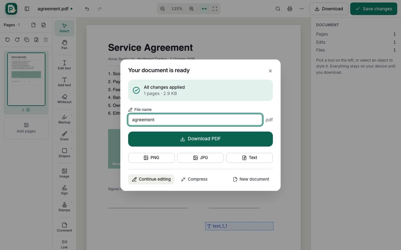 How to create a fillable PDF form: step 4, save and download in PDFella