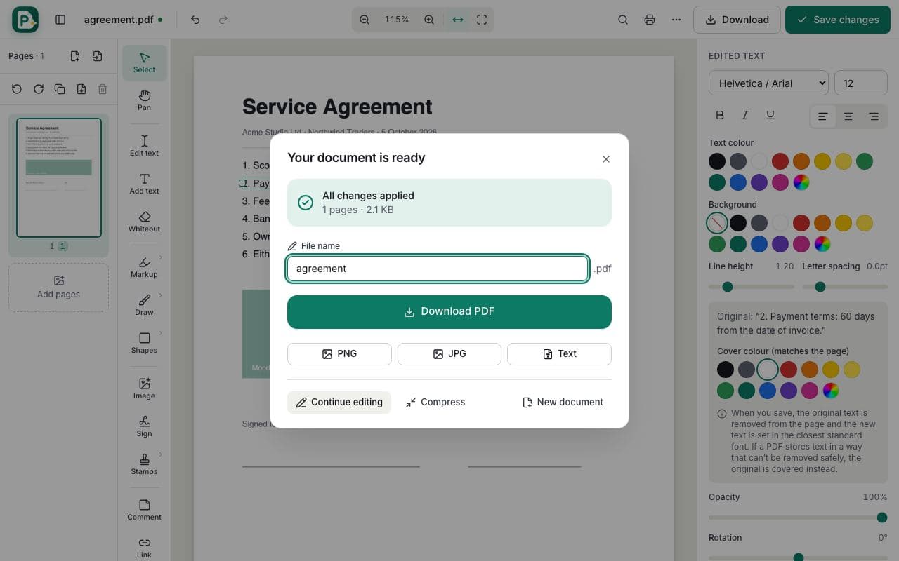 How to edit a PDF online: step 4, save and download your pdf in PDFella