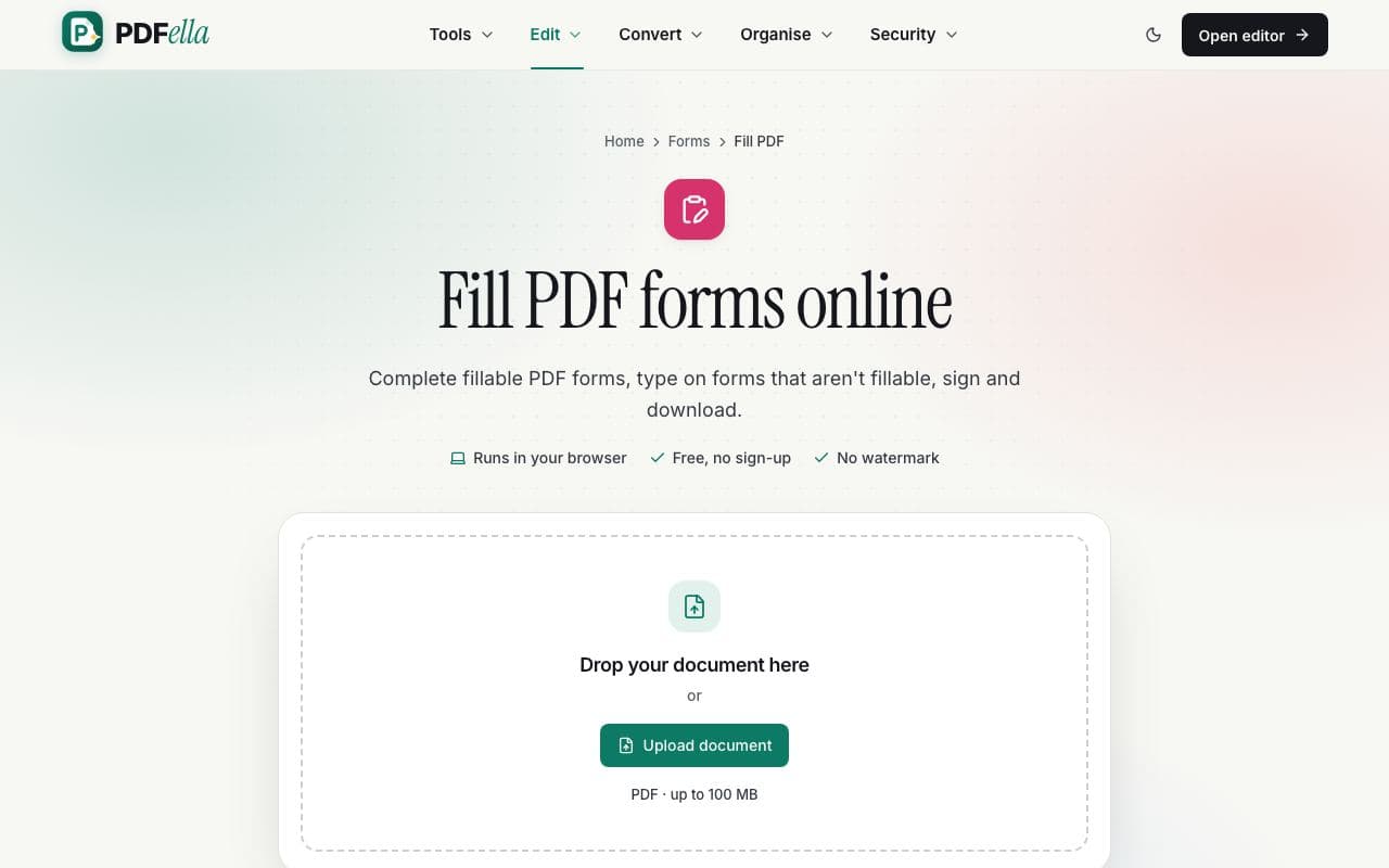 How to fill out a PDF form: step 1, upload your form in PDFella