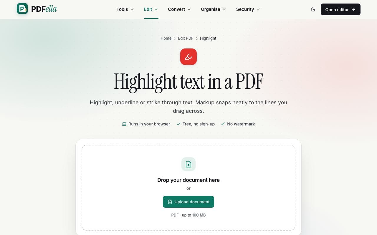 How to highlight text in a PDF: step 1, upload your pdf in PDFella