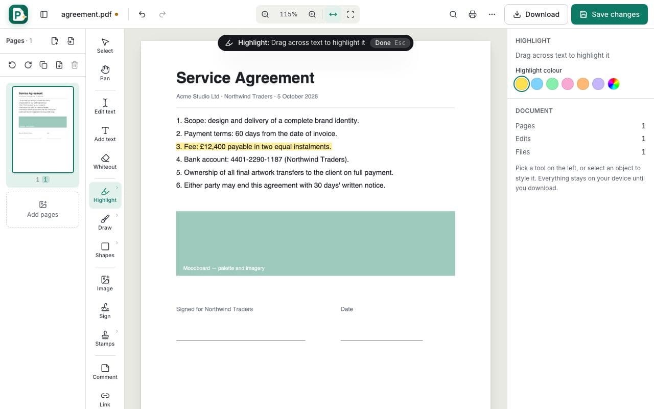 How to highlight text in a PDF: step 2, choose highlight from markup in PDFella
