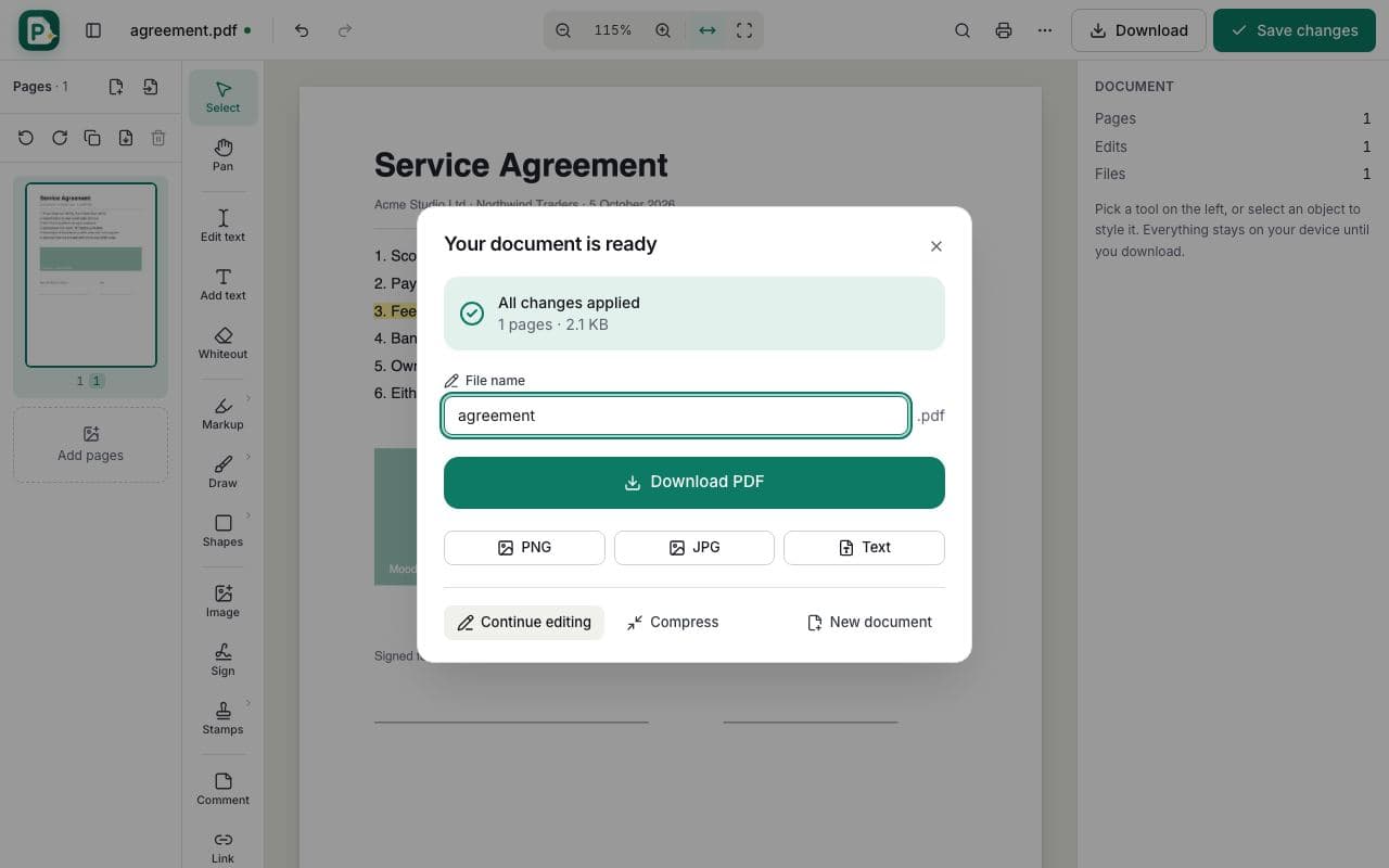 How to highlight text in a PDF: step 4, save and download in PDFella