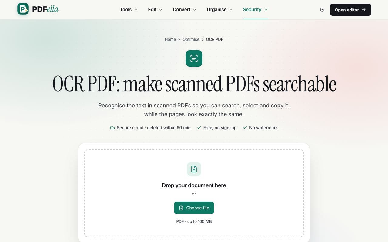 How to OCR a PDF: step 1, upload your pdf in PDFella