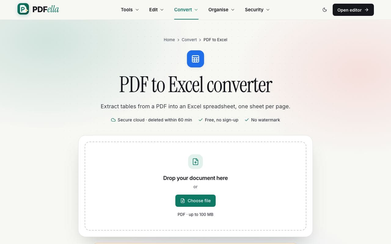How to convert PDF to Excel: step 1, upload your pdf in PDFella