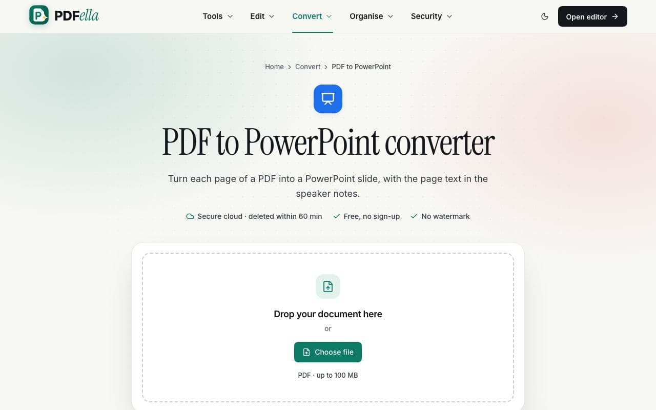 How to convert PDF to PowerPoint: step 1, upload your pdf in PDFella