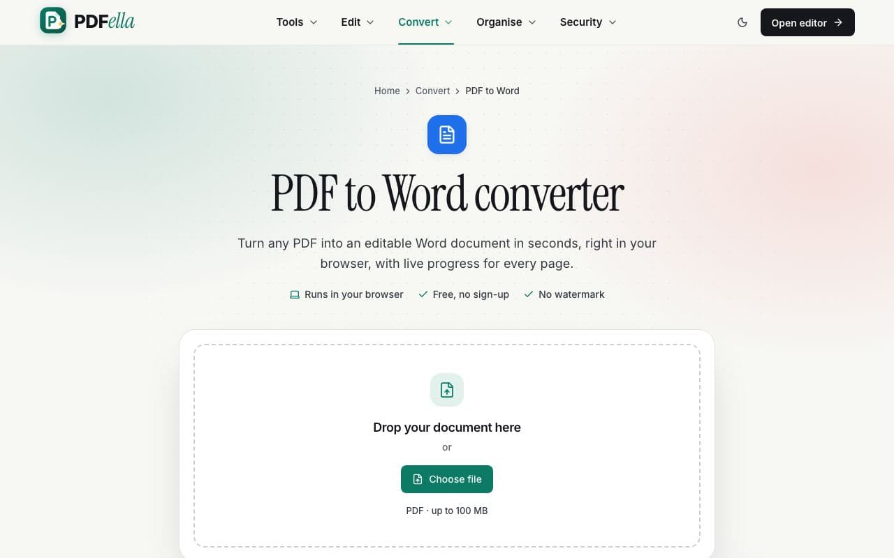 How to convert PDF to Word: step 1, upload your pdf in PDFella