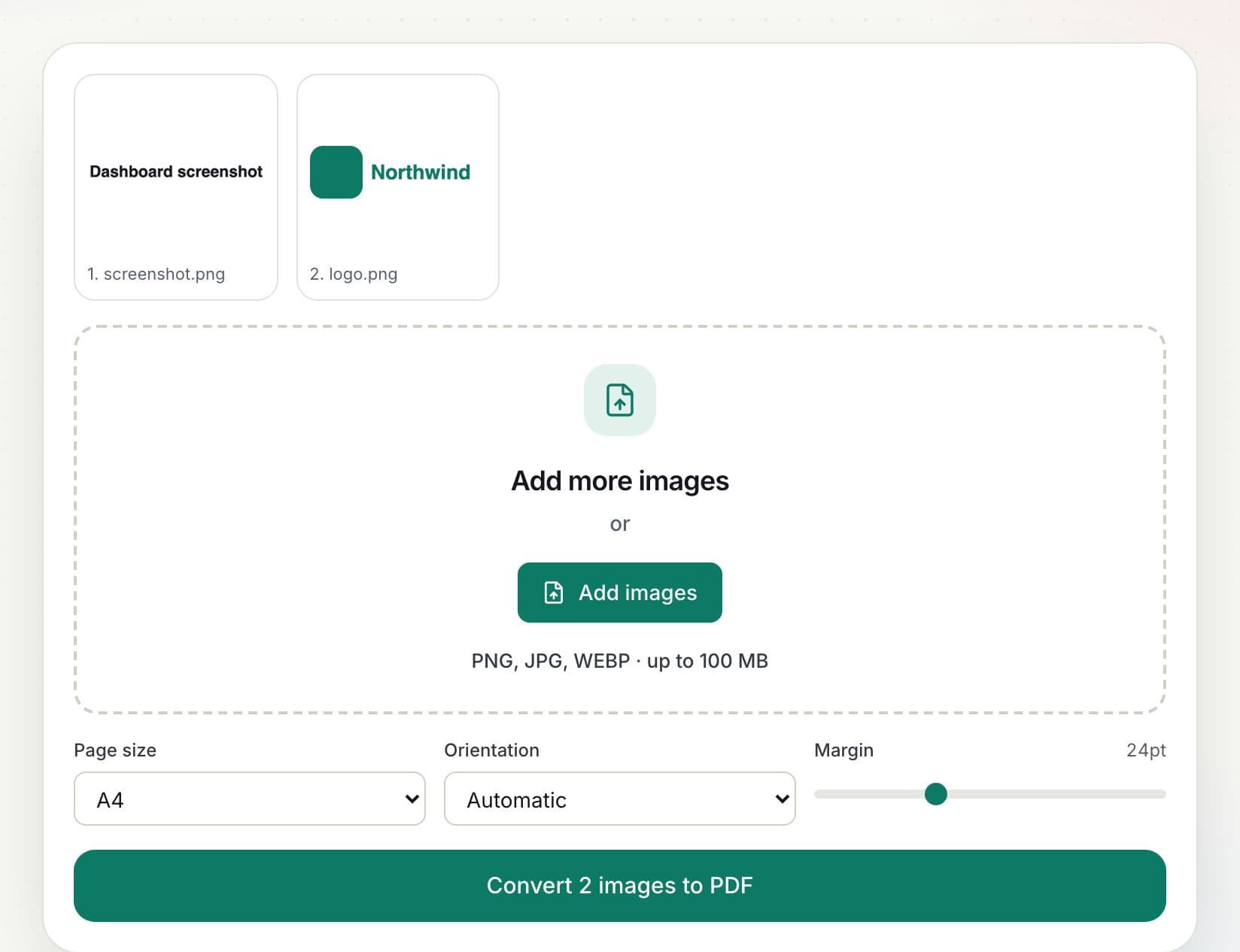 How to convert PNG to PDF: step 2, arrange and set the page size in PDFella
