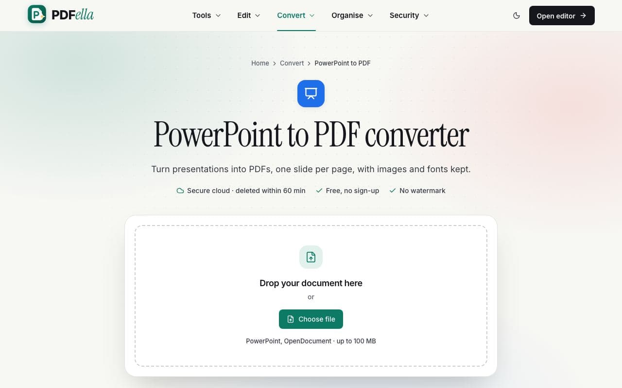 How to convert PowerPoint to PDF: step 1, upload your presentation in PDFella