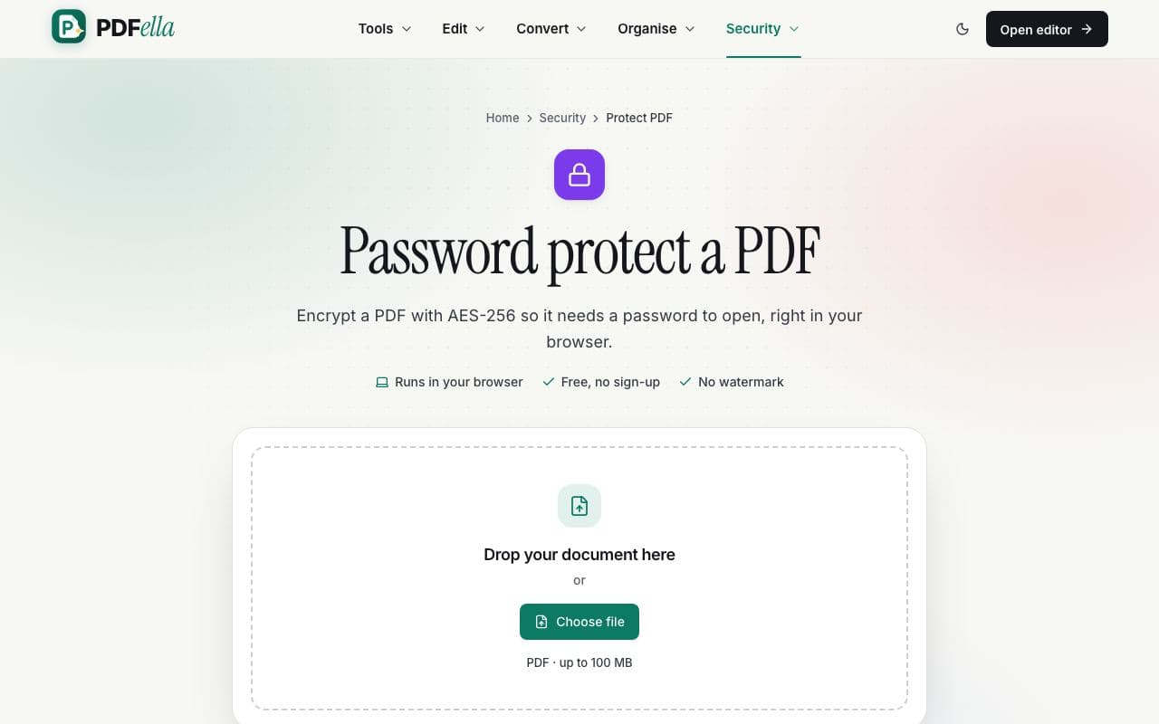 How to password protect a PDF: step 1, upload your pdf in PDFella