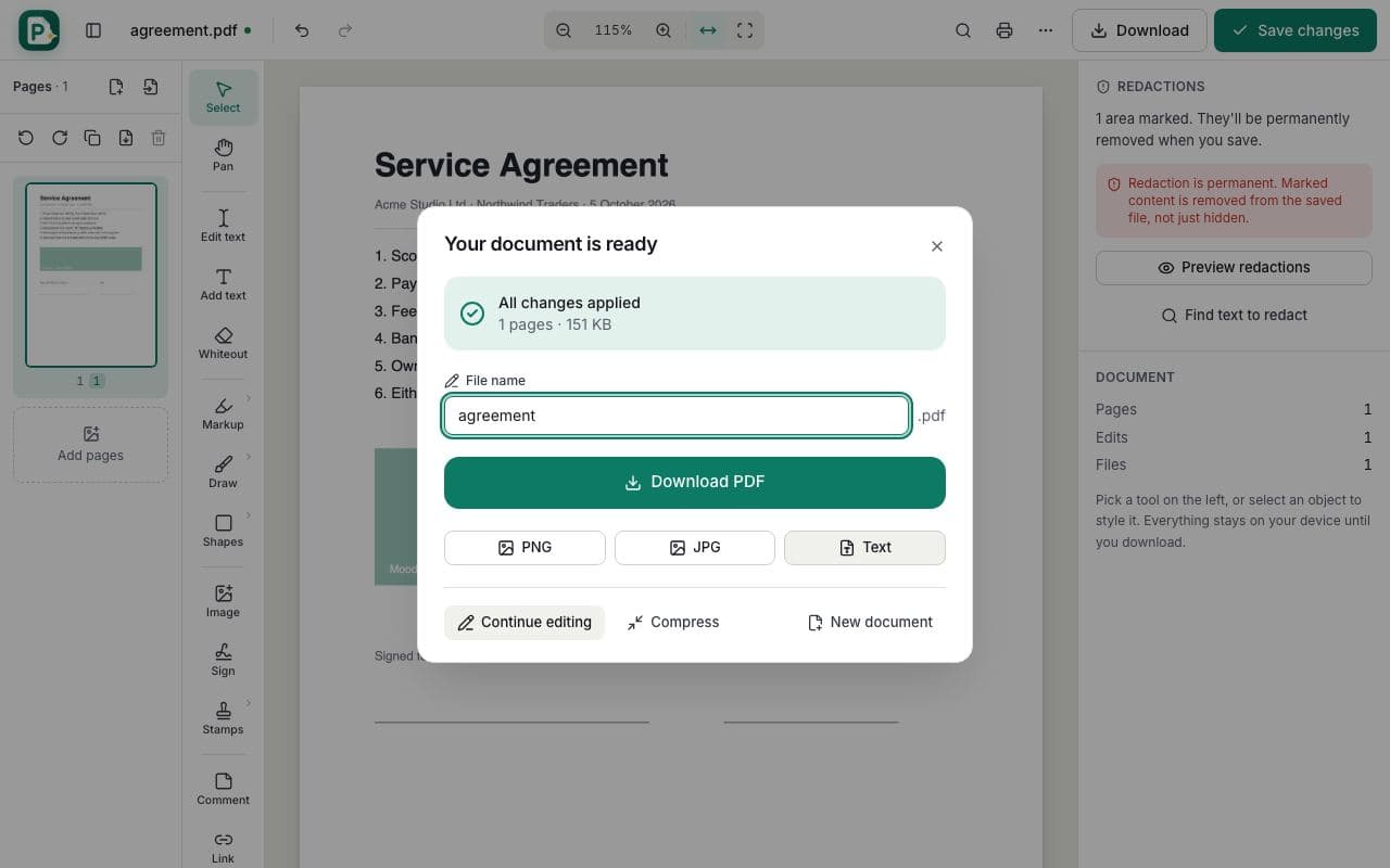 How to redact a PDF: step 4, save and download in PDFella