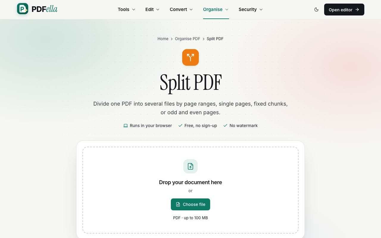 How to split a PDF: step 1, upload your pdf in PDFella
