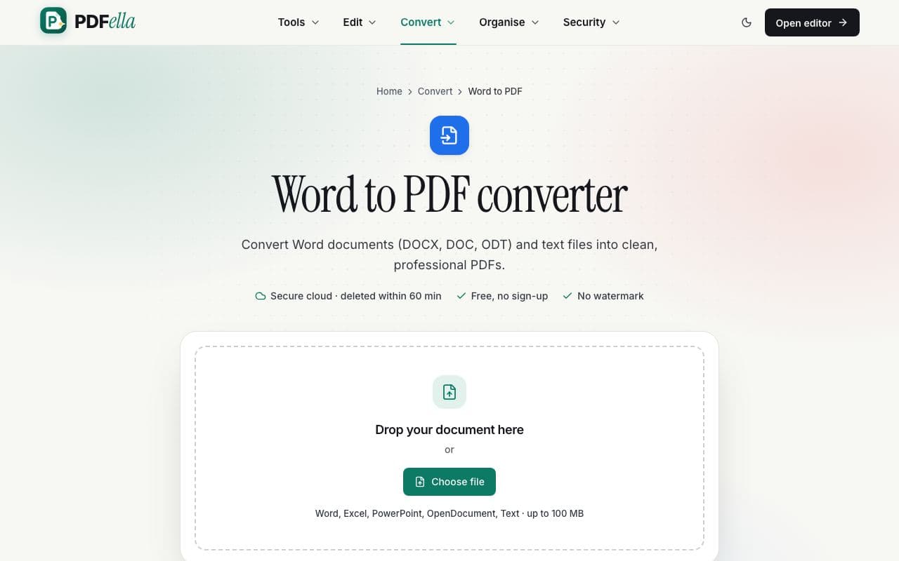 How to convert Word to PDF: step 1, upload your word document in PDFella